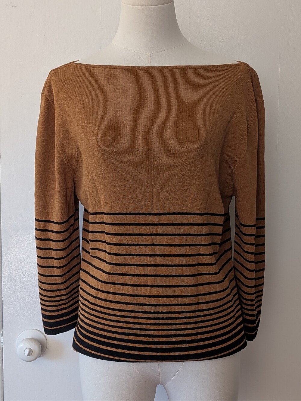 Boatneck Brown & Black Striped Knit Sweater - Size Medium